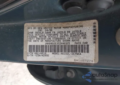 1996 Toyota Corolla Dx from USA, damaged, VIN 1NXBB02E3TZ446325
